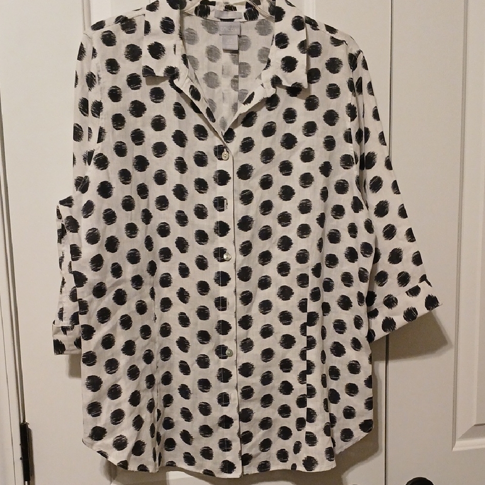 Chico's Polka Dot Button-Up  Linen Blouse size 2.5